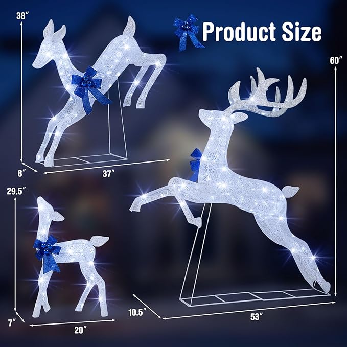 Tangkula 3 Pieces Lighted Christmas Reindeer, Holiday Reindeer Family Set with 255 Cold White Lights, Stakes, Indoor Outdoor Lighted Christmas Decoration for Lawn Yard Garden (White)