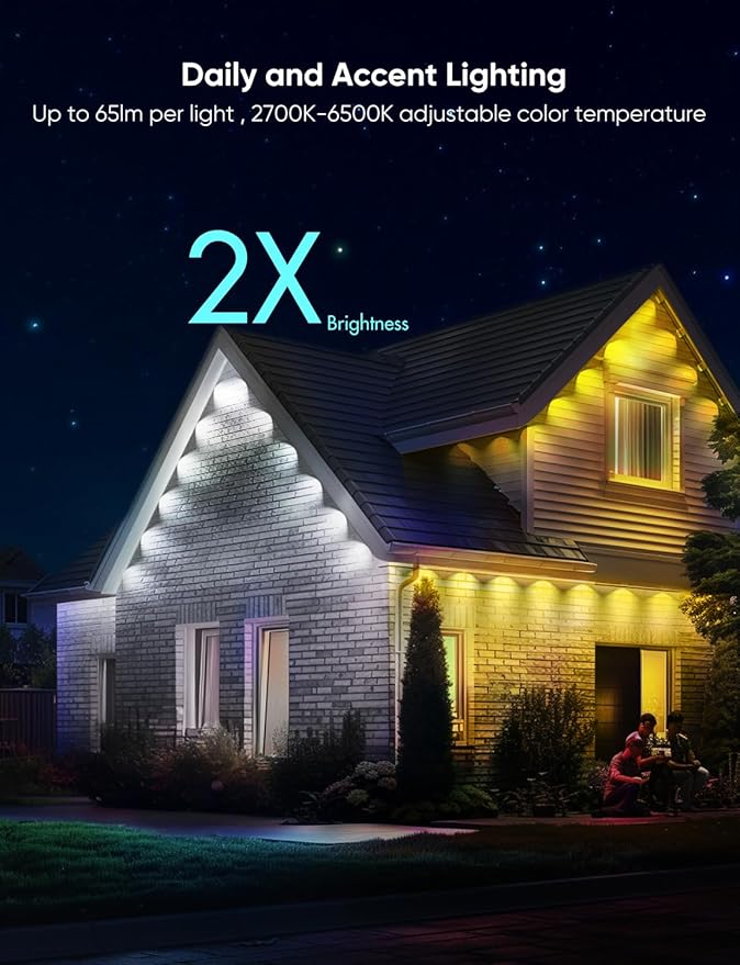 APPECK Permanent Outdoor Lights Pro 200ft, 144W RGBCW Eaves Lights with 144 LED Lights, 80lm, Cuttable, 111 Scene Modes, IP67 Waterproof Lighting for Halloween Decoration, Work with Alexa, Black