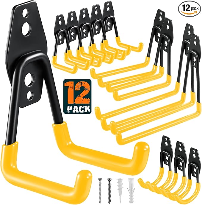 12 Pack Garage Hooks Heavy Duty Utility Steel with Anti-Slip Coating Wall Mount Storage Organizer for Hanging Power and Garden Tools, Ladders, Hose, Bikes, Ropes, Bulk Items, and More