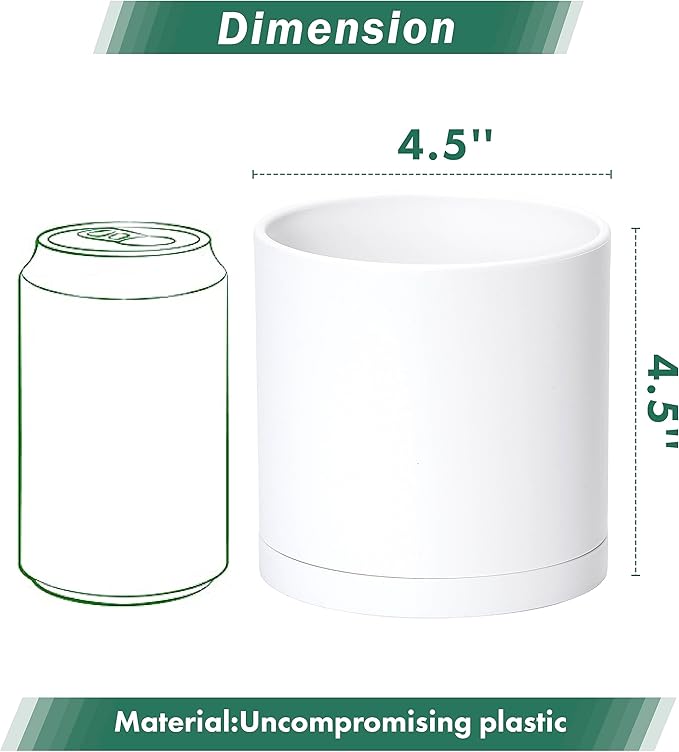 D'vine Dev 4 Pack 4.5 Inch Modern Plastic Plant Pots, Small Garden Planters for Plant with Drainage Holes and Saucers, White Color, 74-Z-F-2