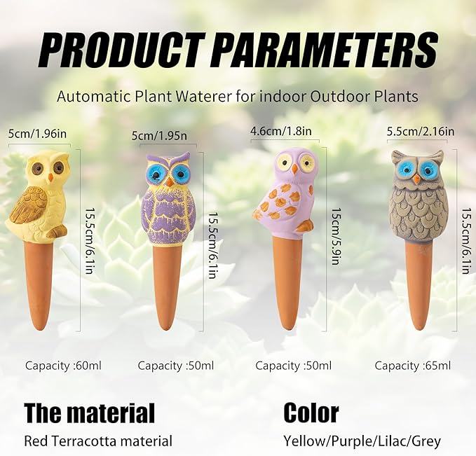 4 Pack Handmade Terracotta Owl Watering Spikes and Globes, Self-Watering Plant Devices with Slow Release System for Continuous Moisture, Perfect Water Bulbs for Indoor and Outdoor Plants Vacation Use
