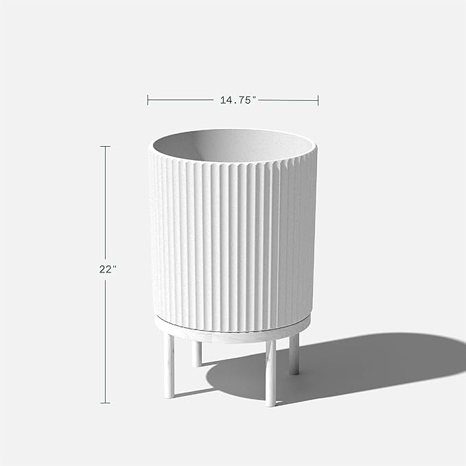 Veradek Demi Series Round Planter w/Stand for Porch/Patio | Durable Plastic-Stone Composite & Wooden Stand | Modern Décor for Tall Plants, Flowers
