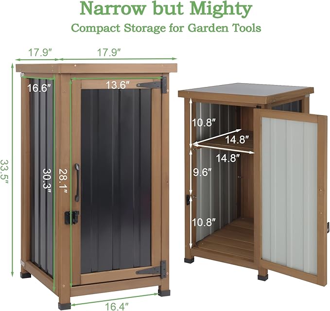 Outdoor Storage Cabinet Waterproof with Metal Top, Wooden Potting Bench Table Tool Organizer with Adjustable Shelf for Patio Backyard Garden