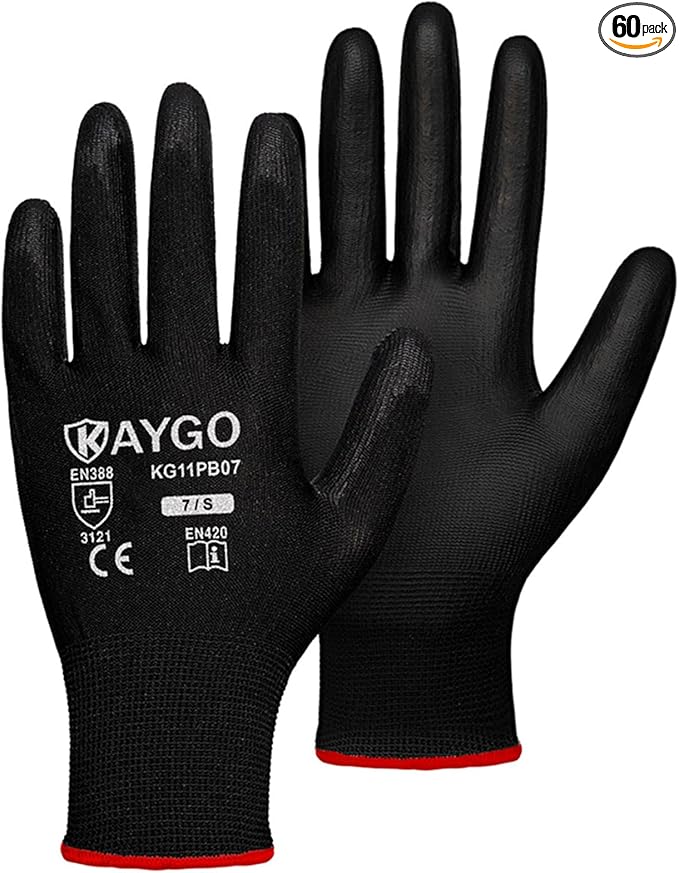 KAYGO Safety Work Gloves PU Coated,60 Pairs KG11PB Seamless Knit Glove for Men and Women, with Smooth Grip on Palm and Fingers, Ideal for General Duty Work (Small, Black)