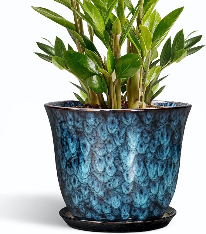 10 Inch Plant Pot - Ceramic Planter with Drainage Hole and Saucer, Round Flower Pots for Indoor Outdoor, Modern Decorative Planter for Plants, Home Office Decor, Plant Lover Gifts, Blue