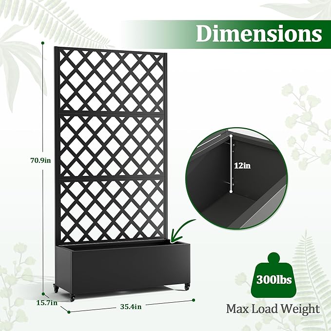Metal Raised Garden Bed with Trellis and Wheels, 2 in 1 Trellis with Planter Box & Privacy Screen for Climbing Plants, Outdoor Standing Flower Beds with Drainage Holes, 35.4"L x 15.7"W x 70.9"H, Black
