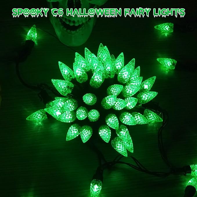 2 Pack C6 Halloween Lights Outdoor Indoor, Total 200 LED 66 FT Connectable Christmas String Lights with Timer & 13 Modes, Waterproof Twinkle Light for Porches Tree Horror Party Decorations (Green)