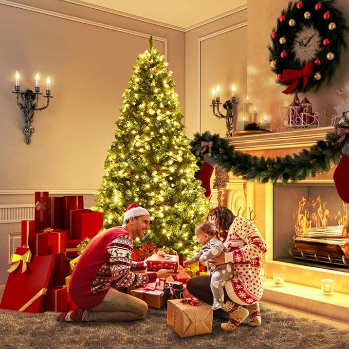 GOFLAME 8ft Artificial Pre-lit Christmas Tree with Warm White LED Lights and Pine Cones, Home Holiday Décor, Hinged, 1335 Branches for Indoor Decoration, Easy Setup