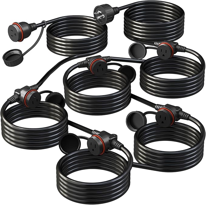 50FT Black Outdoor Extension Cord, Evenly Spaced 6 Outlets Plugs with Waterproof Cover, 16/3 SJTW Weatherproof Multiple Outlets Wire for Holiday Light and Halloween Christmas Decoration, ETL Listed