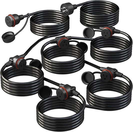 50FT Black Outdoor Extension Cord, Evenly Spaced 6 Outlets Plugs with Waterproof Cover, 16/3 SJTW Weatherproof Multiple Outlets Wire for Holiday Light and Halloween Christmas Decoration, ETL Listed