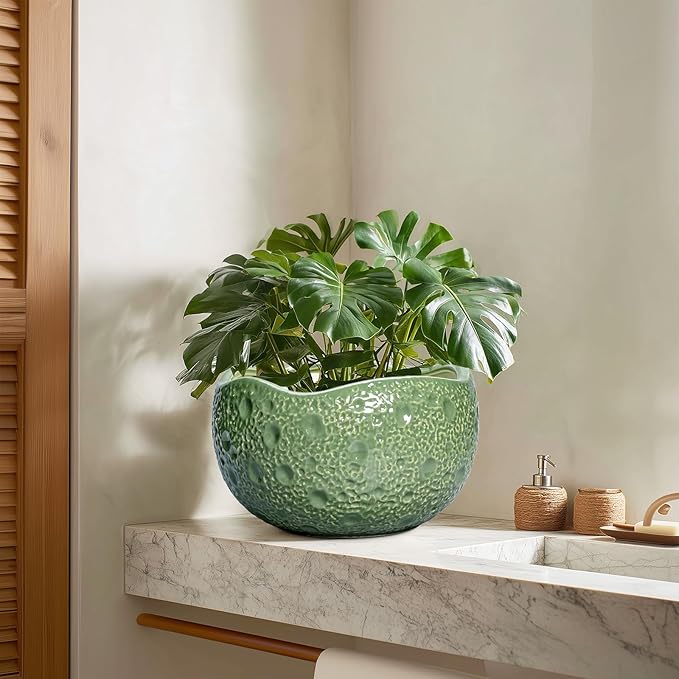 Ceramic Pots for Plants - 10 Inch Plant Pot for Indoor Outdoor, Round Bonsai Pots with Drainage Hole, Modern Planter, Decorative Flower Pot, Living Room Decor, Gifts for Plant Lovers, Green