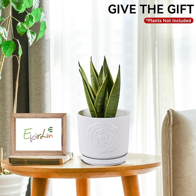 Ekirlin 7 inch Flower Plant Pot Indoor - Ceramic Garden Planters, Modern Rose Pattern Plant Pots with Drain Hole Saucer, Weatherproof Decorative Pot for Home, Office & Outdoor (White)