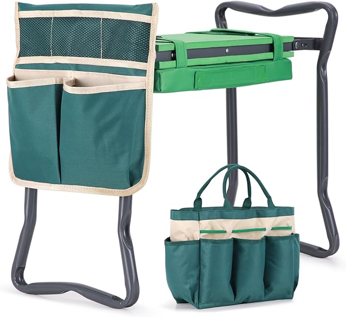 Ohuhu Garden Kneeler and Seat: Upgraded Widened Gardening Stool with Detachable Soft Kneeling Pad, Foldable Garden Bench Heavy Duty with Large Tools Bag and Pouch, Gifts for Women Men Seniors Gardener