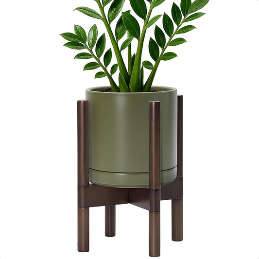 D'vine Dev Ceramic Planter with Walnut Color Stand - 8 Inch Modern Round Flower Pot with Wood Planter Holder, Olive, 55-B-Y-J
