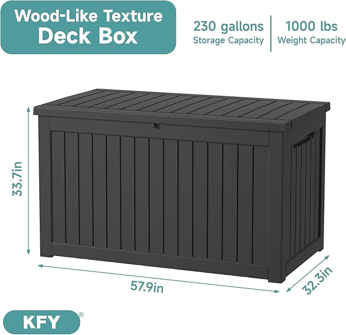 230 Gallon Waterproof Outdoor Storage Box, UV Resistant Resin Deck Box with Hydraulic Rod for Reinforced Stability, Perfect for Patio, Garden, and Pool, Striped Black