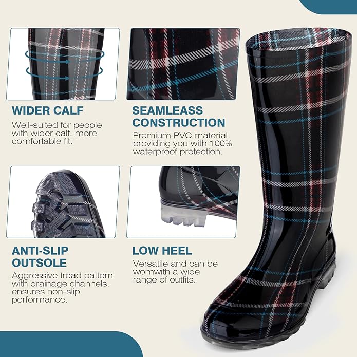 DaeRainy Tall Rain Boots for Women, Knee High Waterproof Slip On Garden Boots