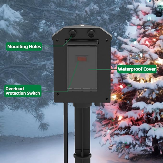 TiFFCOFiO Outdoor Power Strip Weatherproof, 50 FT Extension Cord with Power Stake, 6 Grounded Outlets for Outdoor Lights, 15A/1875W, ETL Listed