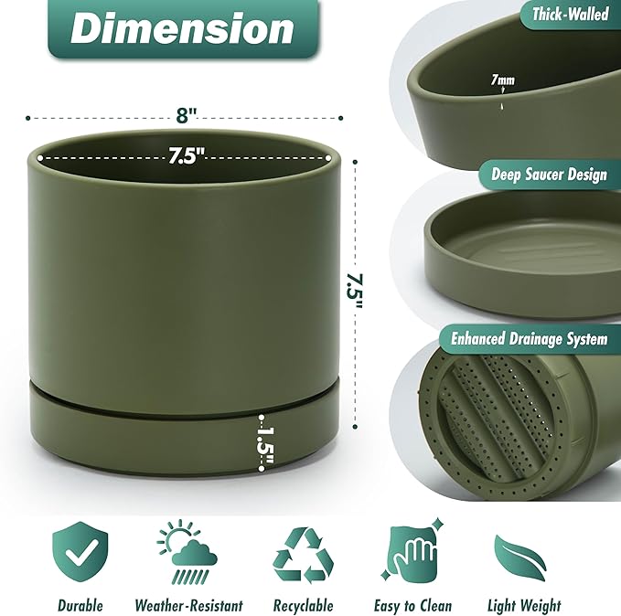 Phoenix Vine 8 Inch Planter Pot with Drainage Hole & Saucer, Deep Water Catch Tray, Straight Cylindrical Round Pot for Plants, Olive, Pack of 1, 23-F-T-1