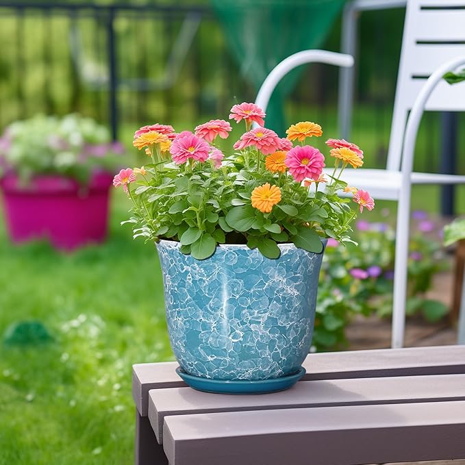 8 Inch Plant Pot - Ceramic Planter with Drainage Hole and Saucer, Round Planter for Indoor Outdoor, Modern Planter, Decorative Flower Pot, Apartment Garden Home Decor, Gardening Gifts, Blue