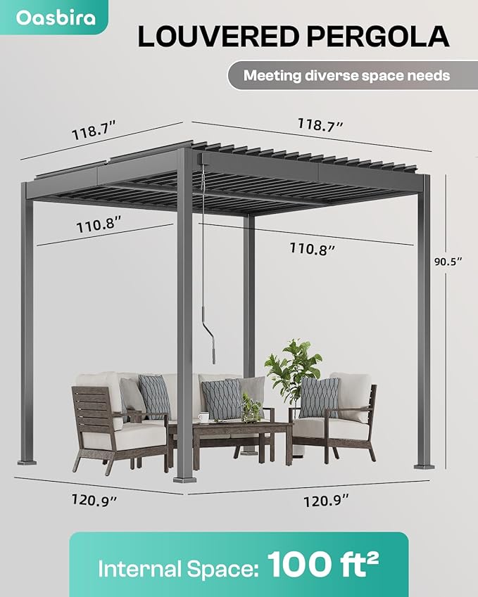 Louvered Pergola, 10 x 10 Aluminum Pergola, Outdoor Modern Design with Adjustable Roof and Hidden Drainage System, Durable for Gardens,Garden Yard, Deck (Dark Gray, 10x10)