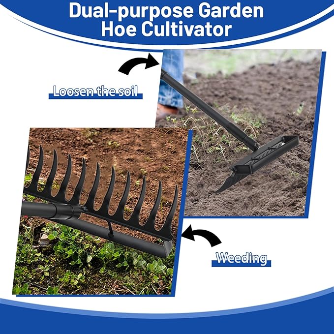 Garden Hoe Stirrup Hoe Weeding Tools, 2-in-1 Garden Hoe for Weeding with 76.8" Adjustable Handle, Heavy Duty Gardening Tools with 12 Tines for Weeding, Loosening, Digging and Cultivation