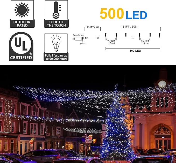 kemooie 500 LED Christmas String Lights, 164FT 8 Lighting Mode with Memory Plug in Green Wire Waterproof Lights, for Outdoor Birthday Christmas Party Garden Balcony Decorations (Blue and White)
