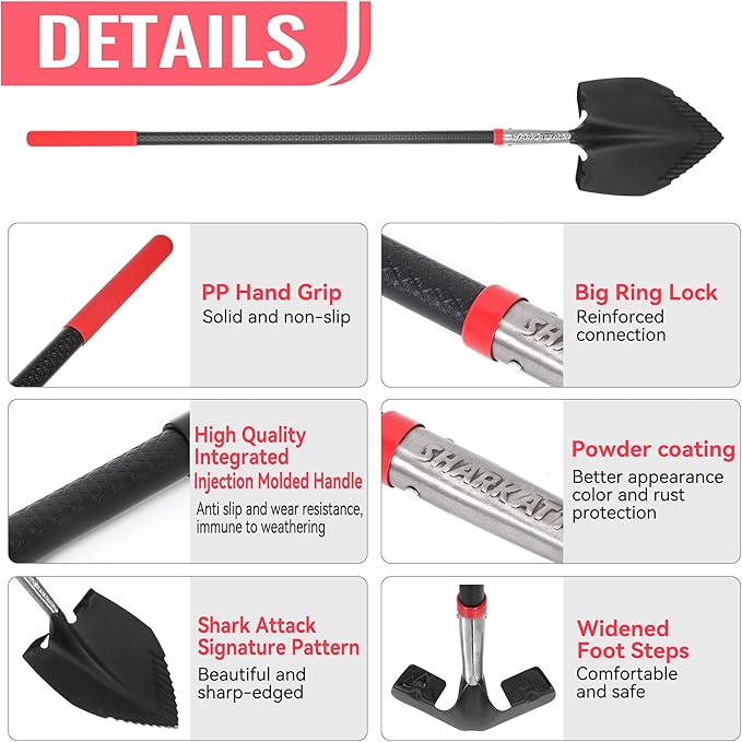 SHARK ATTACK Heavy Duty Garden Shovel, 56.7 Inch Digging Spade Shovel Extra-Wide Serrated Edge Heart-Shaped Blade with Non-Slip Injection Molded Handle for Digging, Gardening, and Landscaping