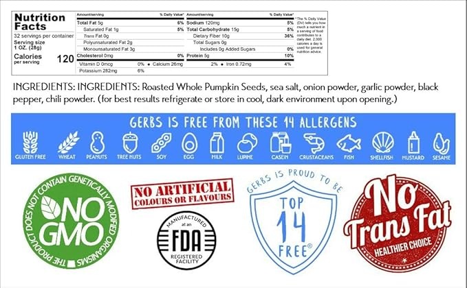Gerbs Toasted Onion & Garlic Whole Pumpkin Seeds 2 lbs. | Small Batch Roasted, In-Shell, 10.5 mm Size, Resealable Bag | Bold & Savory Crunch | Top 14 Allergen-Free