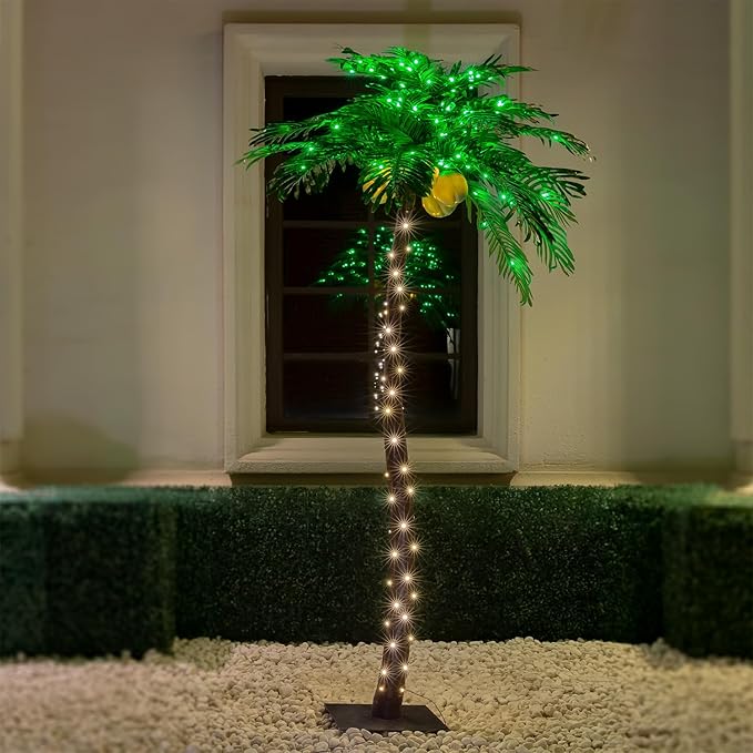 7ft Lighted Palm Tree 208 LED Lights with Glowing Coconuts - Dimmable, UL Certified, Waterproof - Ideal for Indoor and Outdoor Decoration
