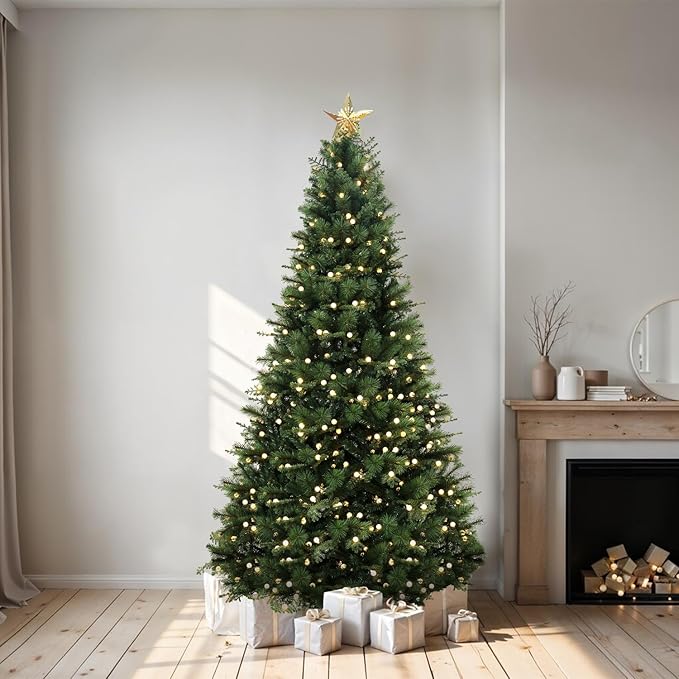 Evangeline 7.5ft Rotating Christmas Tree with Star Projector, 1504 Branch Tips, 500 Warm Lights and Rotating Base, 53" Wide Realistic Traditional Christmas Tree with Lights by Naomi Home