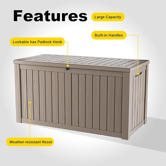 150 Gallon Waterproof Outdoor Storage Box, UV Resistant Resin Deck Box with Hydraulic Rod for Reinforced Stability, Perfect for Patio, Garden, and Pool, Striped Beige