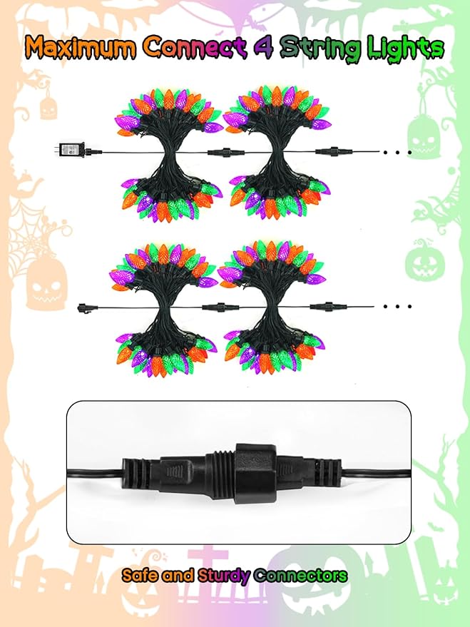 2-Pack C9 Halloween String Lights Plug in, 66 FT 100 LED Halloween Lights Connectable with 8 Modes & Timer, Waterproof Fairy Twinkle Light Indoor Outdoor for Tree Yard Decor (Orange Purple and Green)