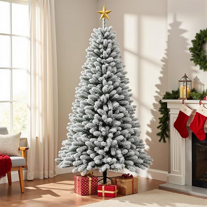 CHILLSUN Prelit Christmas Tree with Lights 6ft, Premium Snow Flocked Artificial Xmas Tree with 874 Branch Tips and 250 Warm Lightsm, Metal Reinforced Base Easy Assembly for Christmas Decorations,White