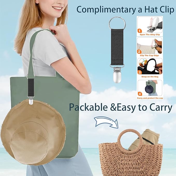 vidsel Womens Sun Hats Wide Brim Reversible Bucket Cotton Hat Packable Summer Travel Cap with Hat Clip,UV Protection