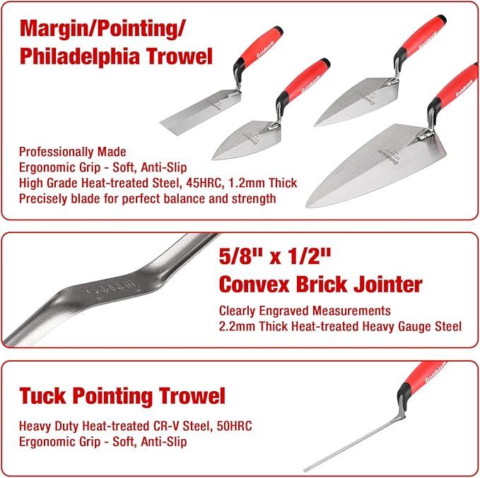 Goldblatt 12PC Masonry Hand Tool Set Organized in Tool Bag - Philadelphia/Pointing/Margin/Tuck Pointing Trowel, Skate Wheel Joint Raker, Convex Brick Jointer, String Line & Jag-clamp, Masonry Brush