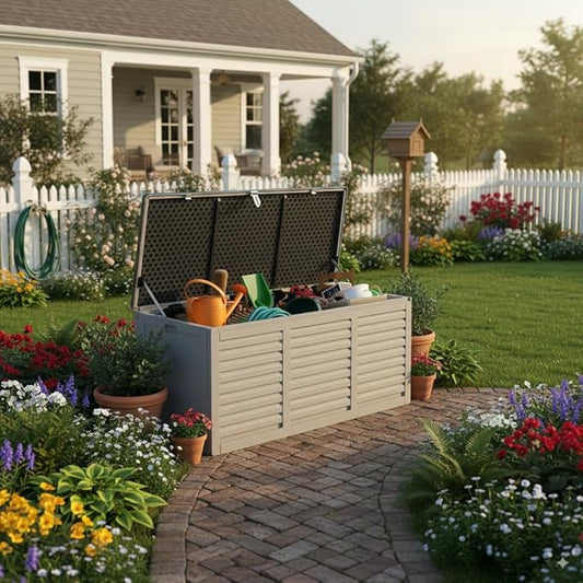 HUGROVE Resin Deck Box, 130 Gallon Outdoor Storage Box with Lockable Lid, Waterproof Patio Storage for Garden Tools & Outdoor Accessories (Dark Black) (Light Gray)