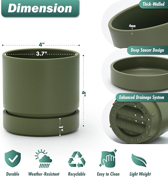 Phoenix Vine 4 Inch Planter Pot with Drainage Hole & Saucer, Deep Water Catch Tray, Straight Cylindrical Round Pot for Plants, Olive, Pack of 1, 23-F-R-1