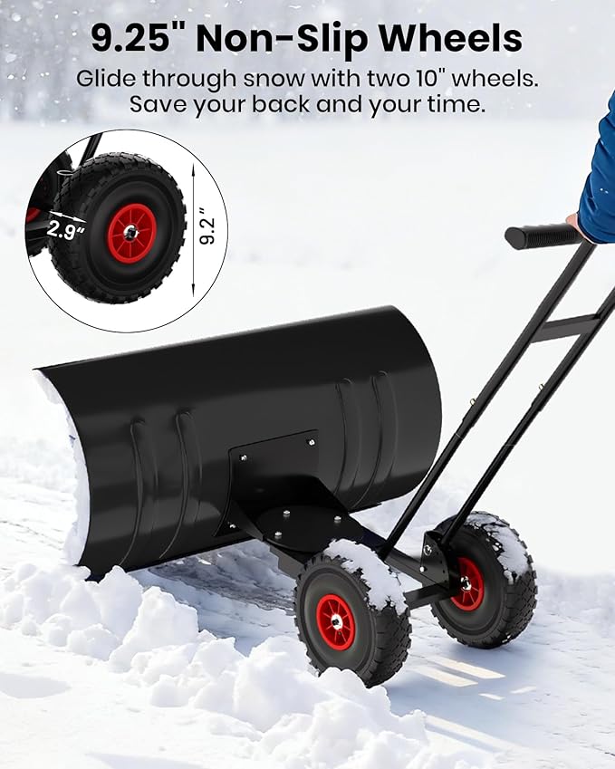 36" Snow Pusher Shovel with Wheels, Adjustable Ergonomic T-Handle Snow Plow for Driveway, Heavy Duty Wheeled Rolling Shovels for Driveway and Sidewalks with Angeled Blade