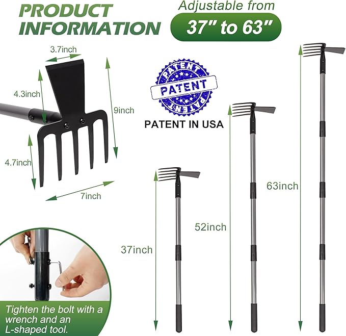 Walensee Hoe Garden Tool, 63 Inch Garden Hoe with Adjustable Long Handle for Weeding, 5-Tines Hoe Cultivator 2 in 1 Hand Weeder Tools for Yard Lawn Planting Gardening Digging
