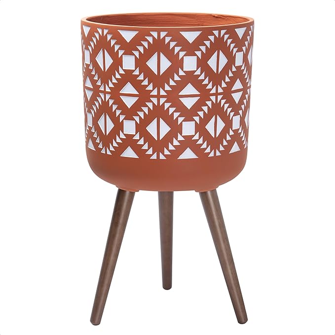 D'vine Dev 14 Inch Planter Pot with Stand, Mid-Century Tall Plant Pot with Legs for Indoor Plants, Pottery Red Terracotta/White, 88-G-D-5