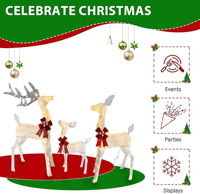 4ft Outdoor Lighted 3D Reindeer Christmas Decorations, 3-Piece Reindeer Family Set with 240 LEDs, Bells, Red Bows, Durable All-Weather Metal Frame for Yard, Garden, Indoor Holiday Decor