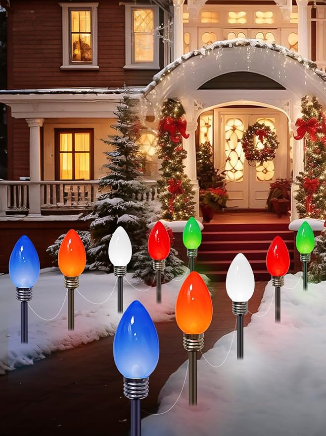 10 Pack Large C9 Christmas Decorations Outdoor Waterproof, Solar C9 Christmas Lights Outdoor with 2 Modes, Solar Pathway Lights for Outside Party Yard Lawn Patio Walkway Xmas Decoration (Multicolor)