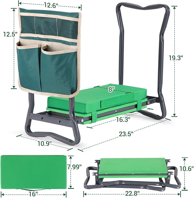 Ohuhu Garden Kneeler and Seat: Upgraded Widened Gardening Stool with Detachable Soft Kneeling Pad, Foldable Garden Bench Heavy Duty with Large Tools Bag and Pouch, Gifts for Women Men Seniors Gardener