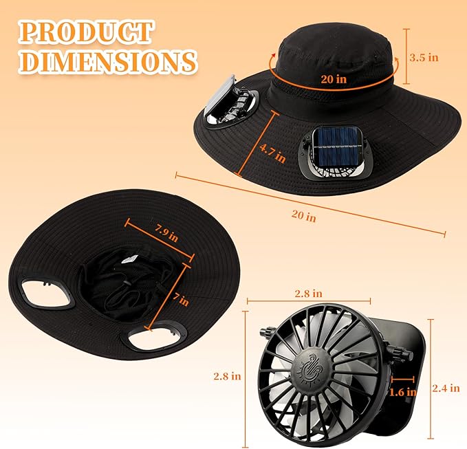 Solar Powered Fan Hat with 2 Removable Fans Wide Brim Sun Hat for Outdoor Fishing, Hiking Gardening, USB Solar Charging