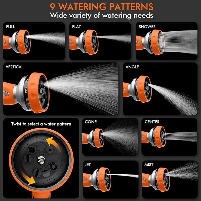 RESTMO Hose Nozzle Heavy Duty, Metal Water Hose Sprayer for Garden, 9 Spray Patterns | High Pressure | Thumb Flow Control | On/Off Valve, Ideal for Lawn & Plant Watering, Car & Pet Washing, Orange
