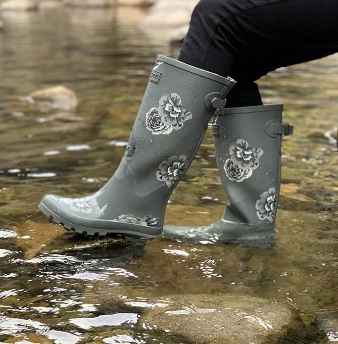 Rongee Rain Boots for Women Waterproof Garden Outdoor Mud Boots Printed with Adjustable Buckle