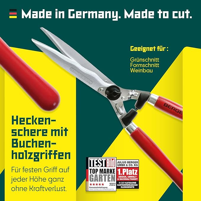 BERGER Professional Hedge Shear, Self-Sharpening 9.45" Steel Blades, Chrome-Plated Wavy Blades, 2 Sap Grooves to Prevent Sticking, Wood Handles, 4590