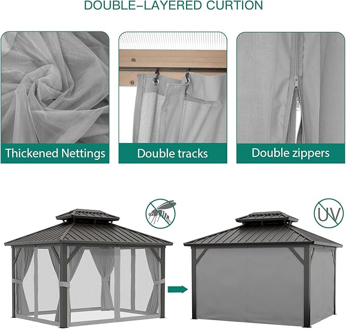 10X12 FT Outdoor Galvanised Steel Hardtop Gazebo, Heavy Duty Double Roof Outdoor Gazebo with Netting and Sunshade Curtains, Aluminium Framed Gazebo for Patio, Terrace, Lawn and Deck, Grey
