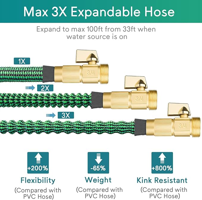 100 FT Expandable Garden Hose, 2025 New Flexible Water Hose 100FT with Leakproof Solid Brass Fittings, Reinforced Extra Strong Outer Fabric & Durable 3-layer Latex Core, Ultra Lightweight, No Kink