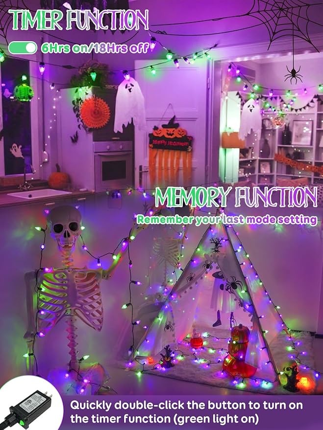 Upgraded 250 LED C6 Connectable Halloween String Lights, 82FT Purple and Green Lights, Waterproof Fairy Twinkle Light Plug in with 13 Modes & Timer for Outdoor Indoor Party Tree Halloween Decorations